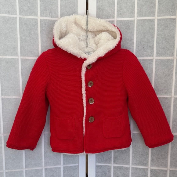 Carter's Other - Carters Red Knit Button Coat Baby Sherpa Hooded Size 12M